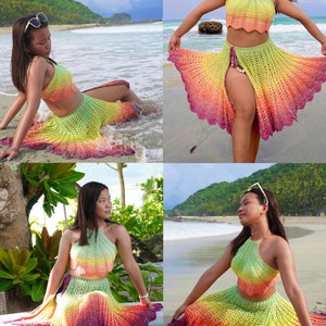 May include: A woman wears a crochet halter top and skirt set in a rainbow ombre pattern. The set is made of a lightweight, airy yarn and features a scalloped hem. The woman is posing on a beach and in a pool.