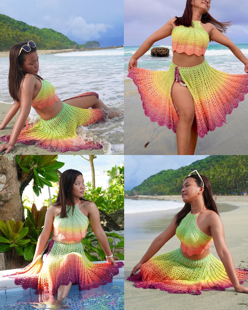 May include: A woman wears a crochet halter top and skirt set in a rainbow ombre pattern. The set is made of a lightweight, airy yarn and features a scalloped hem. The woman is posing on a beach and in a pool.