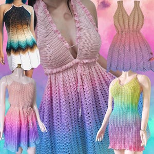 Puede incluir: Cuatro vestidos de crochet en diferentes colores, cada uno con un patrón de degradado. Los vestidos son sin mangas y tienen un escote halter. Los vestidos están hechos con un hilo fino y tienen un aspecto delicado y femenino.