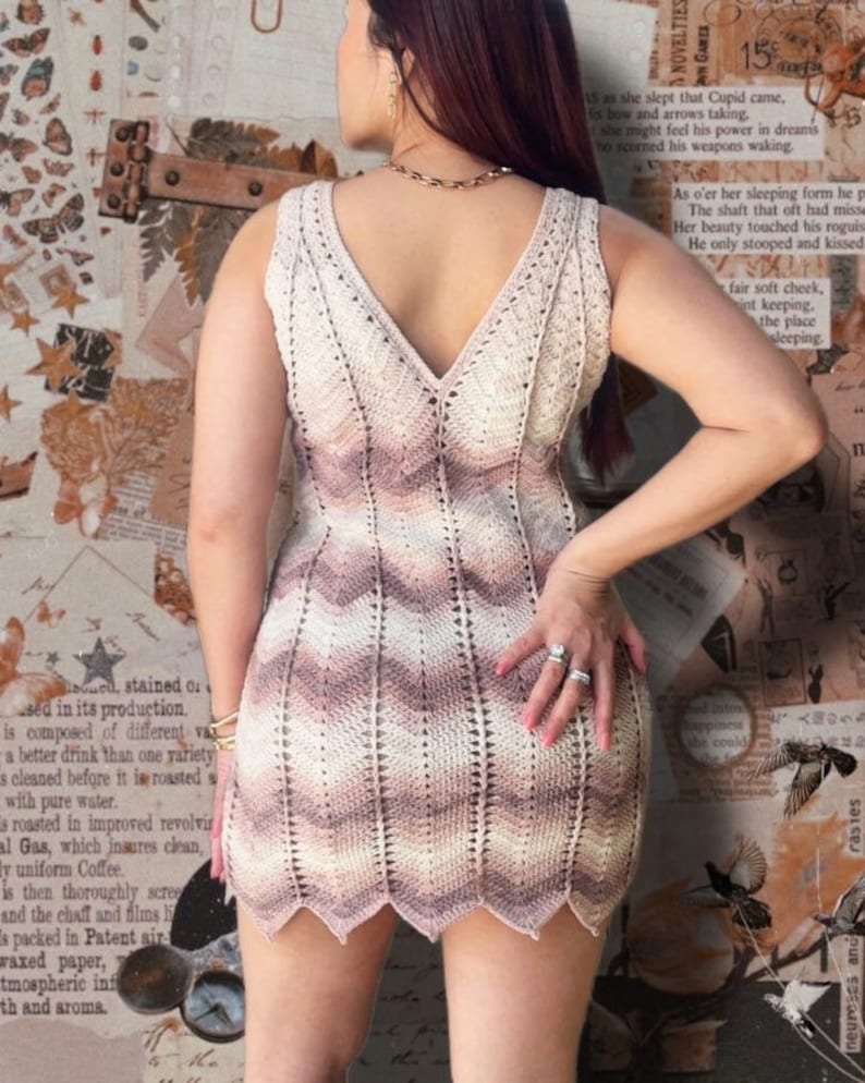 May include: A sleeveless crochet mini dress with a V-neckline. The dress is made of a soft, lightweight yarn and features a gradient colour pattern in shades of brown, beige, and white.