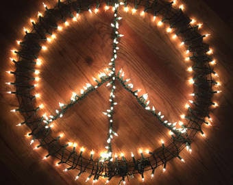 Made to order PEACE SIGN wreath indoor outdoor decor metal frame with 200 string lights. 24" diameter