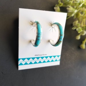 Turquoise Inlay Half Hoop Earrings/Sterling Silver Blue Hoops Turquoise Jewelry/ Southwestern Hoop Post Earrings.