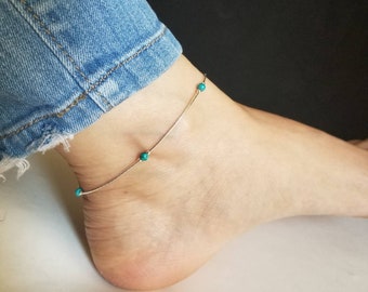 Anklet Lovely Turquoise/ Turquoise & Sterling Liquid Silver handmade Southwestern Anklet/Made in USA