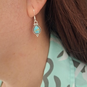 Southwest Handmade Turquoise Teardrop & Sterling Silver Dangle Drop Earrings/ 925sterling Silver Everyday Turquoise Earrings. Made in USA