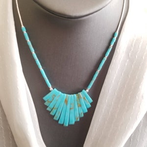 Turquoise Fan Necklace/ Bib Necklace with Sterling liquid Silver/ Sterling Silver with Large Blue Pendant/ Handcrafted in the USA.