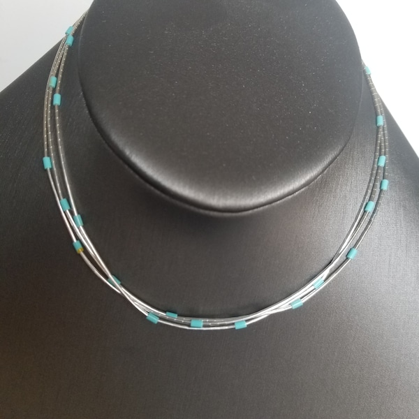 Turquoise with Liquid Silver Necklace/3 Strands/Sterling Silver Light Necklace/Handmade Sterling Silver/Fine Silver Jewelry/ Made in USA