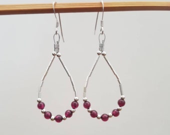 Handmade Southwestern Red Garnet Bead & Sterling Silver Dangle Drop Earrings