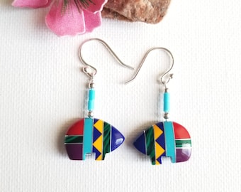 Turquoise Inlay Bear Earrings, Sterling Silver, Southwestern Style
