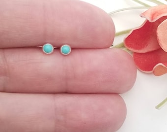 3mm Tiny Turquoise Stud Earrings: Small Round Sterling Silver Teeny Studs