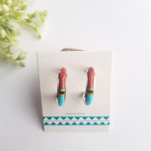 Turquoise Multi Inlay Half Hoop Earrings/Sterling Silver  Jewelry/ Southwestern Hoop Post Earrings.