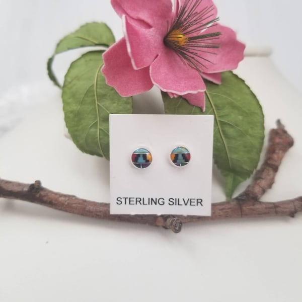 Handmade Southwestern Round 5mm Multicolored Inlay & Sterling Silver Stud Earrings