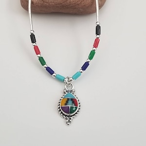 Lovely Turquoise/Inlay Southwestern Pendant & 925 Sterling Silver Necklace/Handmade Teardrop and liquid Silver Necklace Made in USA
