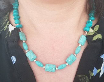 LovelyTurquoise/ Chunky Turquoise Necklace/ Blue Beaded Necklace Set, Southwest Handmade Jewelry.