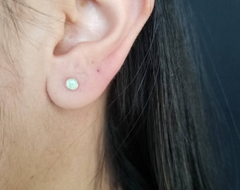 4mm Fire Green Opal Sterling Silver Stud Earrings, Handmade in USA