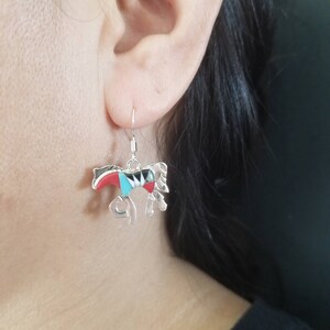 Sterling Silver Southwestern Multicolor Horse Earrings/925 Sterling Silver Inlay Red Horse Dangle Earrings.