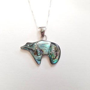 Bear Pendant /Abalone Shell Inlay Bear Necklace/ Southwestern Bear Pendant/Sterling Silver Chain Bear Necklace