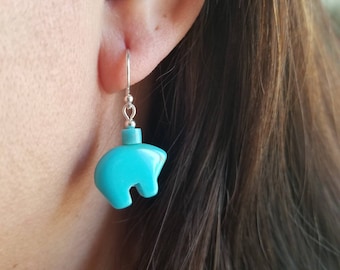 Turquoise Bear Sterling Silver Earrings, Southwestern Style
