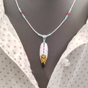 Southwestern Feather Sterling Silver Necklace/ Hand carved and Painted Feather Necklace/ Sterling Liquid Silver Necklace.