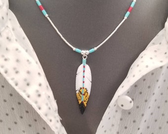 Southwestern Feather Sterling Silver Necklace/ Hand carved and Painted Feather Necklace/ Sterling Liquid Silver Necklace.