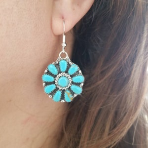 Southwest Turquoise Cluster Earrings/Navajo Handmade Sterling Silver Stamped/Turquoise American Native Earrings