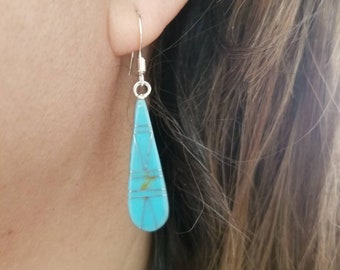 Southwestern Sterling Silver Dangle Earrings/Turquoise Long Teardrop Dangle Earrings/ Inlay Turquoise White Earrings