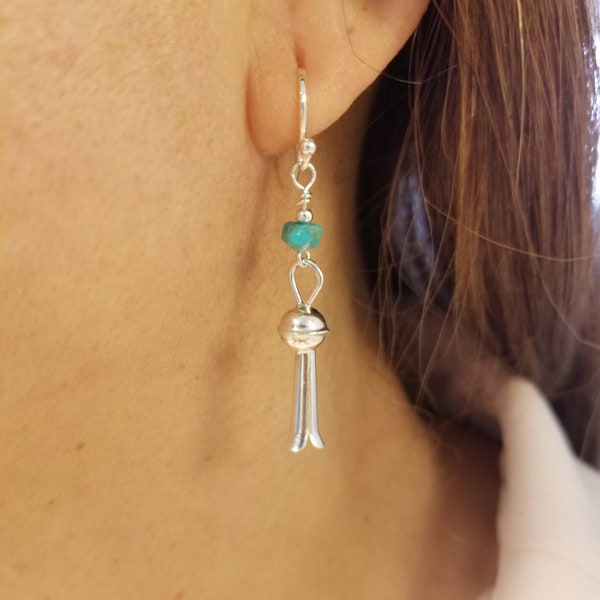 Squash Blossom Earrings Turquoise with Blossom Silver Earrings/Dangle Turquoise Sterling Silver Earrings/Handmade in USA