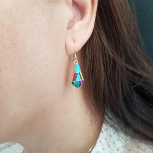 Handmade Southwestern Multicolor Inlay Kite & Sterling Silver Dangle Earrings