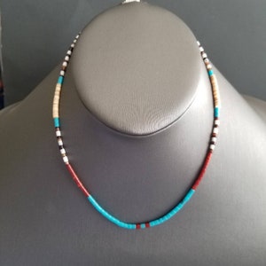 Southwestern inspired Multi Color Bead Necklace/ Seashell Turquoise Red White Necklace/Teen Beach Choker /Handcrafted in the USA.