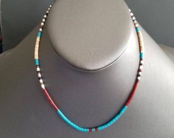 Southwestern inspired Multi Color Bead Necklace/ Seashell Turquoise Red White Necklace/Teen Beach Choker /Handcrafted in the USA.