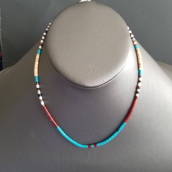 Southwestern inspired Multi Color Bead Necklace/ Seashell Turquoise Red White Necklace/Teen Beach Choker /Handcrafted in the USA.
