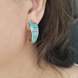 Turquoise Inlay Half Hoop Earrings/Sterling Silver Jewelry/Blue  Southwestern Hoop Post Earrings.