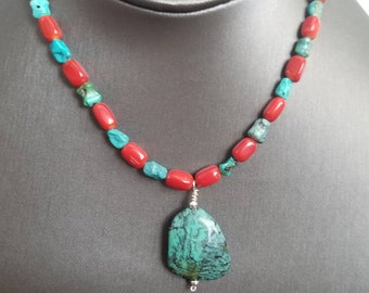 Southwestern Natural Turquoise Nugget Necklace/Handmade Turquoise and Bambo Coral Sterling Silver/ Turquoise Pendant Necklace