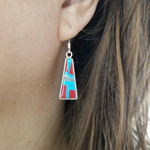 Multi inlaid Southwestern Sterling Silver Dangle Earrings/Red Blue Long Dangle Earrings/ Inlay /Christmas Earrings
