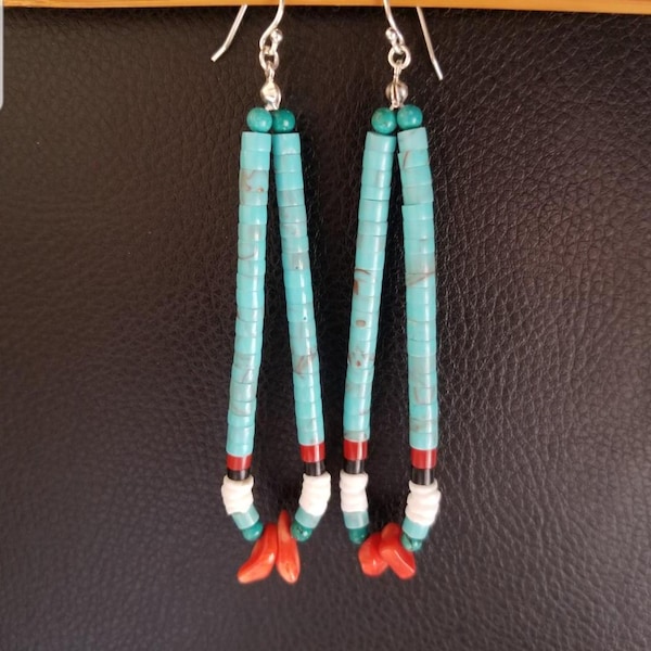 Long Turquoise Earrings, Southwestern Sterling Silver Dangles