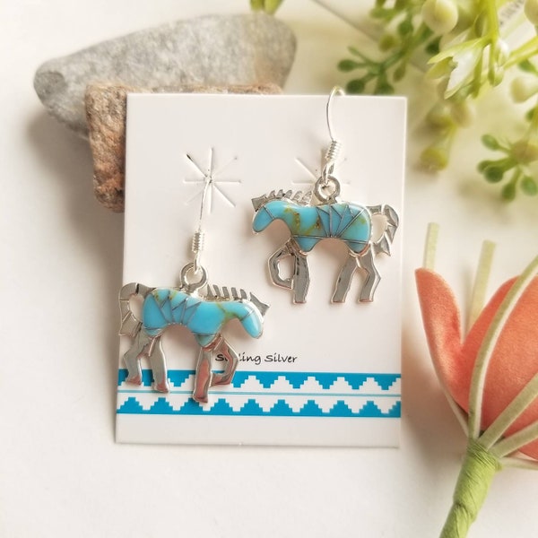 Sterling Silver Southwestern Turquoise Horse Earrings/ 925 Sterling Silver Inlay Blue Horse Dangle Earrings.