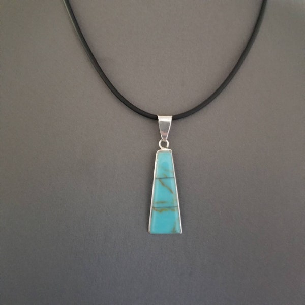 Turquoise Necklace/Black Rubber Necklace/ Sterling Silver Pendant/ Blue Necklace/ Teen Jewelry