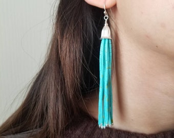 Beaded Turquoise Earrings/ Sterling Silver Long Dangle Southwestern Tassel/ Handmade in USA/