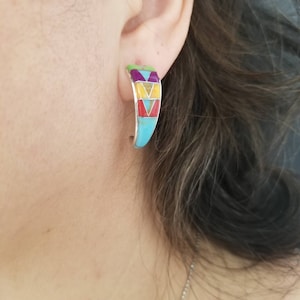 Multicolor Inlay Half Hoop Earrings/Sterling Silver Jewelry/Colorful Southwestern Hoop Post Earrings.
