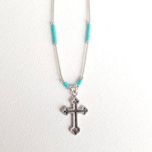 Sterling Silver Cross Choker/ Cross Pendant with Liquid Silver Chain/Turquoise cross Necklace Confirmation Gift/Kid Teen Choker /Made in USA