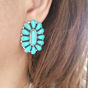Southwest Turquoise Cluster Earrings/Navajo Handmade Sterling Silver Stamped AS /Turquoise American Native Earrings