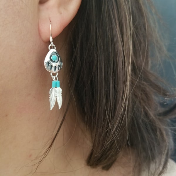 Lovelyturquoise, Bear Paw Feather Turquoise 925 Sterling Silver /Southwest handmade Earrings/ Feather Jewelry/ Made in the USA/