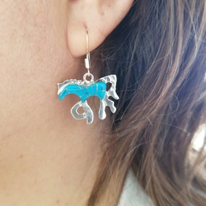 Sterling Silver Southwestern Blue Turquoise Horse Earrings/ 925 Sterling Silver Inlay Standing Horse Dangle Earrings.