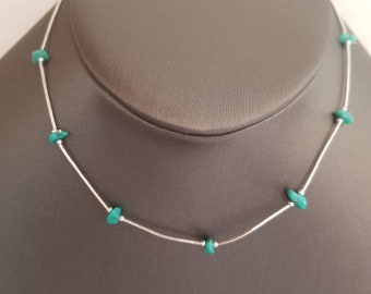 Lovelyturquoise beadded Choker/Sterling Liquid Silver Layering Choker /Handmade Choker Teen Danity Beach Jewelry. Natural Turquoise Choker.
