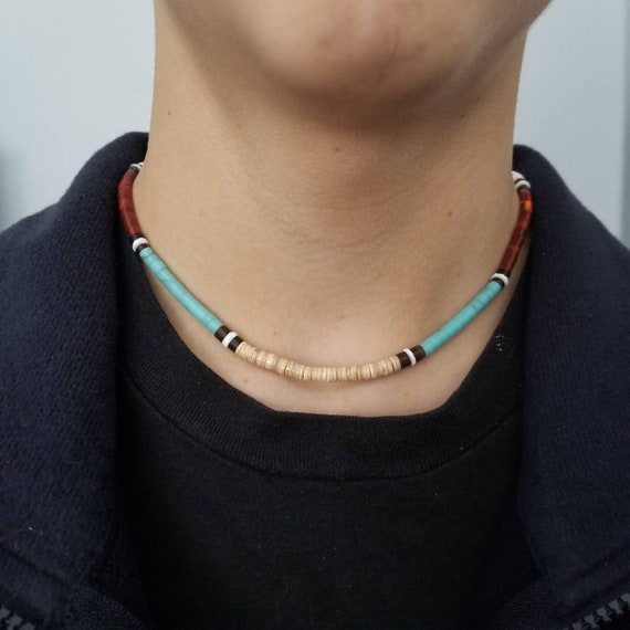 Teens Mens Reconstituted Turquoise Necklace Heshi Bead Sterling Silver 21-inch Length Teens Mens Reconstituted Turquoise Necklace Heshi Bead Sterling Silver 21-inch Length