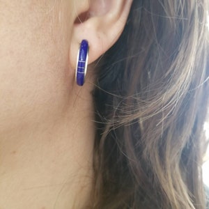 Blue Inlay Half Hoop Earrings/Sterling Silver Blue Hoops /Lapis Jewelry/ Southwestern Hoop Post Earrings.