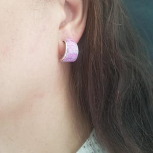 White Opal Half Hoop Earrings/Sterling Silver and White Pink Opal Fashion Jewelry/Inlay Opal Hoop Post Earring/Opal Hoops.
