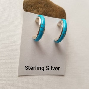 Turquoise Inlay Half Hoop Earrings/Sterling Silver Style Jewelry/ Blue Hoops Southwestern Hoop Post Earrings.