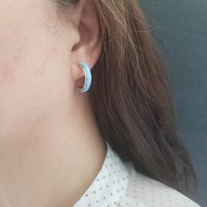 Fire Blue Opal Inlay Half Hoop Earrings/Sterling Silver Opal Jewelry/Lab Created Opal Hoop Post Earrings.