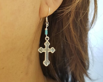 Sterling Silver Cross Earrings/ Dangle Cross Turquoise /Handmade in USA