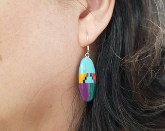 Turquoise Inlay Sterling Silver Dangle Earrings, Southwestern Style